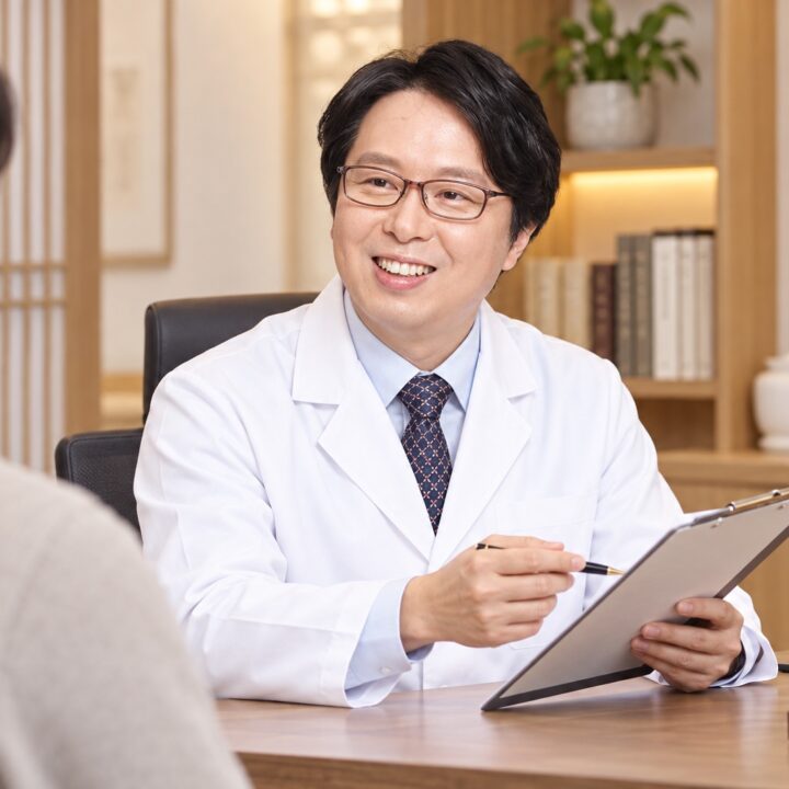 한의원 진료실에서 원장이 환자에게 설명하는 모습